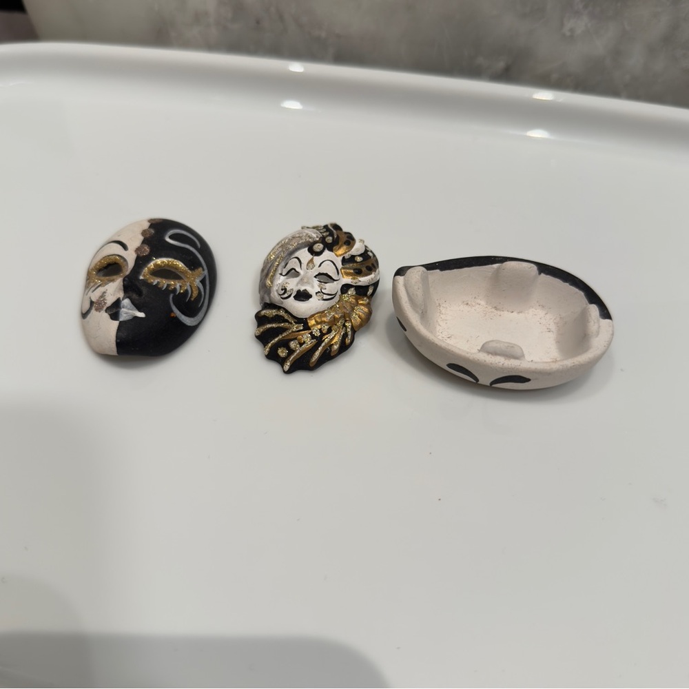 Venetian Porcelain 1 Boat, 1 Mask Face, 1 Mask Face Broach